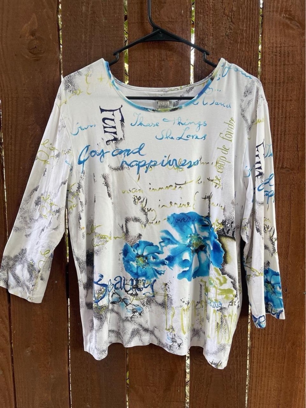 Chico's White Abstract Floral Fun Script 3/4 Sleeve Lightweight Top Sz XL